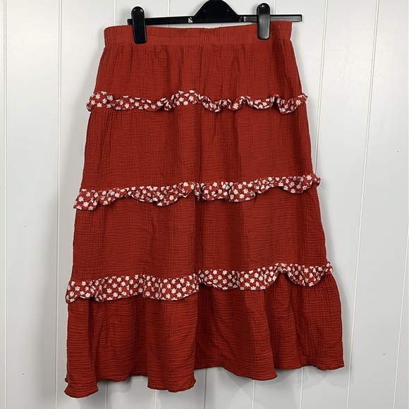 Alice Blue Womens Skirt L Burnt Orange White Floral Ruffles Waffle Texture Full - Picture 7 of 12